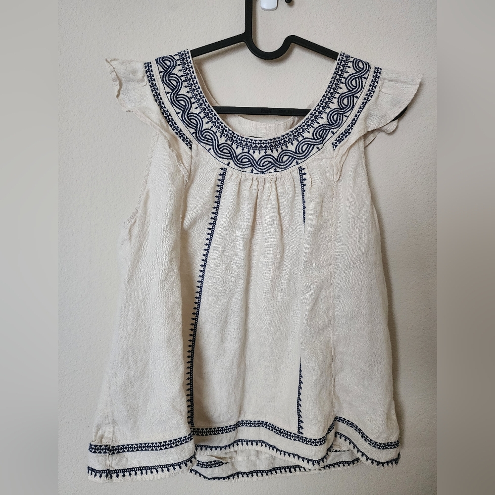Linen White Blouse with Navy Embroidery